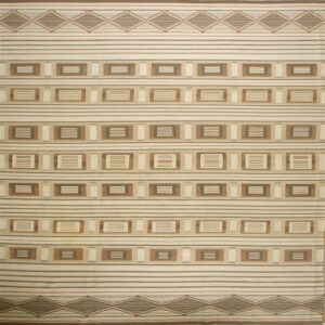 Cream, brown, and green flatweave rug featuring geometric stripes, repeating squares, and diamond border patterns.