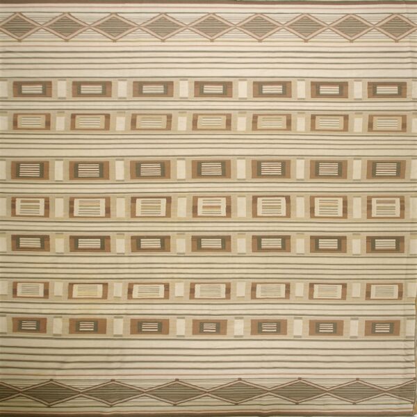 Cream, brown, and green flatweave rug featuring geometric stripes, repeating squares, and diamond border patterns.