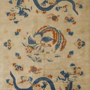 Beige rug featuring large blue dragon and phoenix figures surrounded by colorful, stylized clouds.