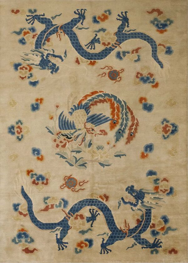 Beige rug featuring large blue dragon and phoenix figures surrounded by colorful, stylized clouds.