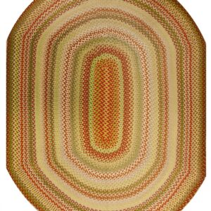 Oval braided rug with concentric rows of terracotta, olive green, yellow, and tan colors.
