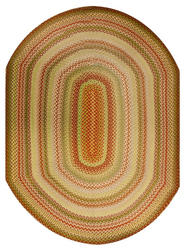 Oval braided rug with concentric rows of terracotta, olive green, yellow, and tan colors.