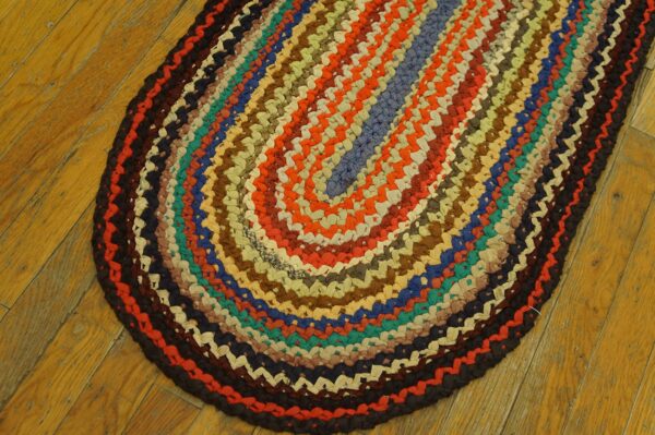 Multicolored braided rag rug, composed of concentric rows, rests on shiny golden-brown wood flooring.