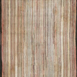 Vertical striped rug featuring beige, red, gray, and blue threads, framed by a dark border.