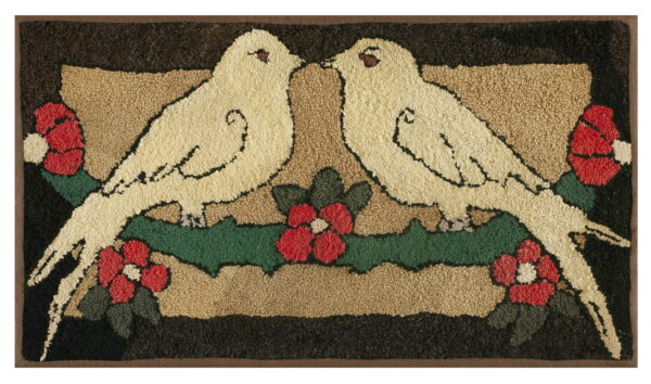 Hooked rug depicting two cream-colored birds on a green branch with red flowers against a brown background.