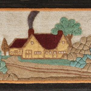 A dimensional hooked rug depicting a colorful cottage scene with trees and a thick black border.