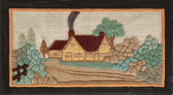 A dimensional hooked rug depicting a colorful cottage scene with trees and a thick black border.
