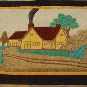 Hooked rug featuring a bright yellow cottage, green trees, and brown landscape, framed by thick dark borders.