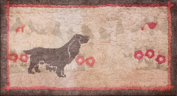 High-texture rug featuring a dark dog silhouette, pink flowers, a beige ground, and thick brown borders.