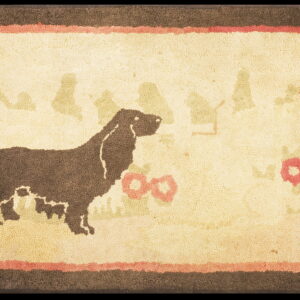 A textured hooked rug depicts a dark brown dog silhouette and stylized pink flowers on a cream background.