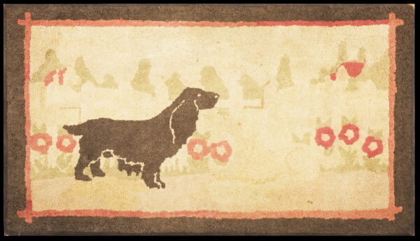A textured hooked rug depicts a dark brown dog silhouette and stylized pink flowers on a cream background.