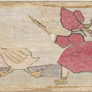 Low pile rug featuring a pink-red figure chasing a beige goose on a cream ground.