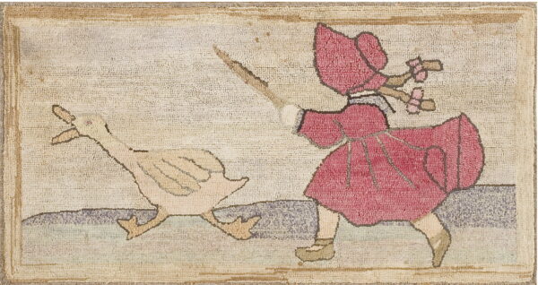 Low pile rug featuring a pink-red figure chasing a beige goose on a cream ground.
