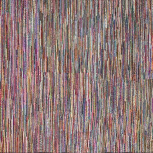 A highly textured rug featuring thin, vertical, multicolored stripes across the entire surface.