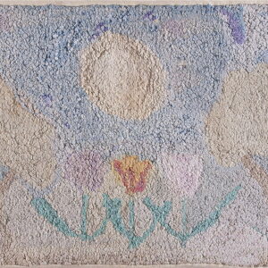 Highly textured rug with abstract figures and flowers in pale blue, beige, pink, and teal colors.