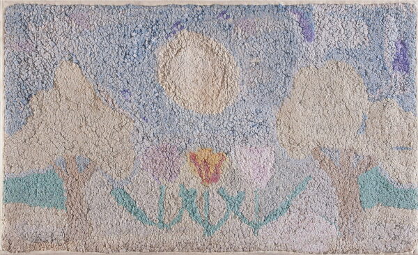 Highly textured rug with abstract figures and flowers in pale blue, beige, pink, and teal colors.