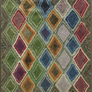 High-pile, textured rug featuring a colorful diamond lattice pattern with blues, greens, reds, and browns.