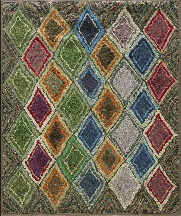 High-pile, textured rug featuring a colorful diamond lattice pattern with blues, greens, reds, and browns.