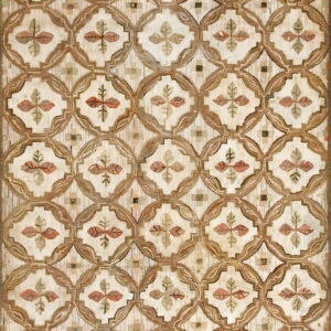 Textured rug with a repeating brown quatrefoil pattern and inner floral designs in cream, sage, and rose.