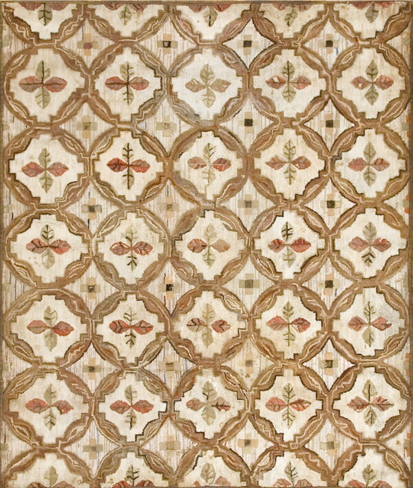 Textured rug with a repeating brown quatrefoil pattern and inner floral designs in cream, sage, and rose.
