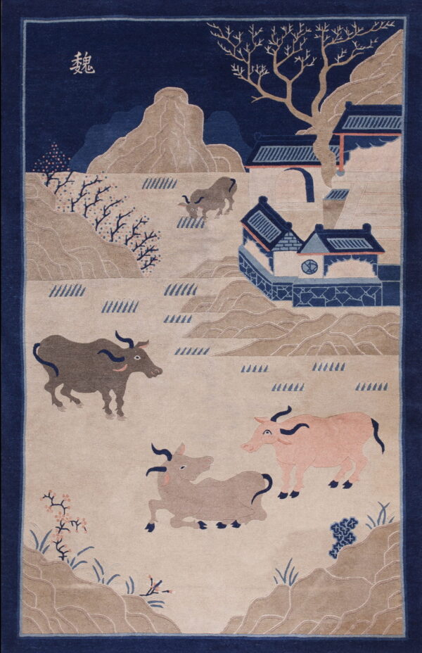 Pictorial rug featuring oxen, tan mountains, and blue buildings against a navy background and border.