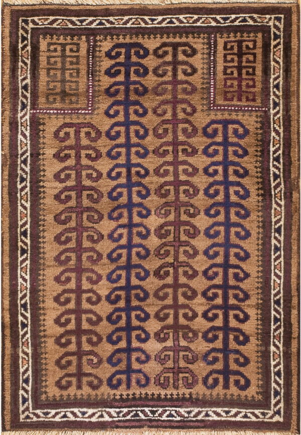 Geometric rug featuring a brown field, navy and maroon stylized patterns, and contrasting zigzag borders.
