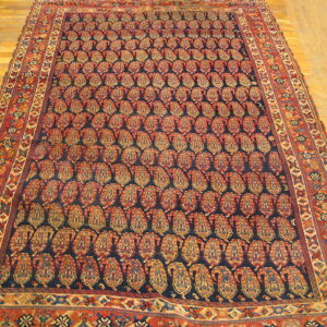 Navy and rust traditional rug with all-over paisley pattern lies on a golden wood floor.