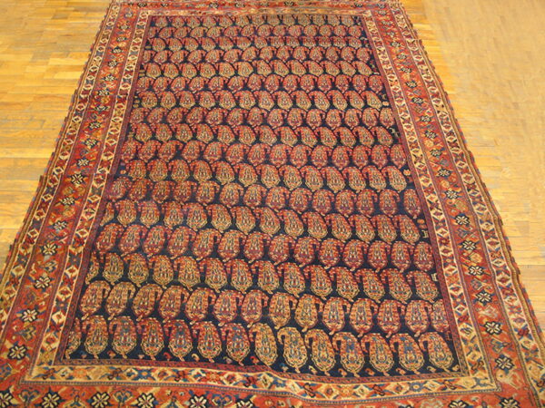 Navy and rust traditional rug with all-over paisley pattern lies on a golden wood floor.