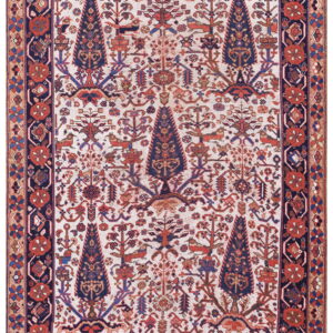 White field rug featuring stylized navy blue tree designs, rust red birds, and complex ornate borders.