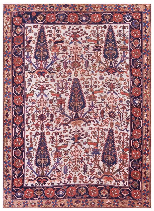 White field rug featuring stylized navy blue tree designs, rust red birds, and complex ornate borders.