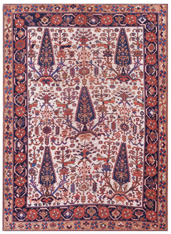 Traditional rug featuring a dense pattern of navy blue trees and red stylized animals on an ivory ground.