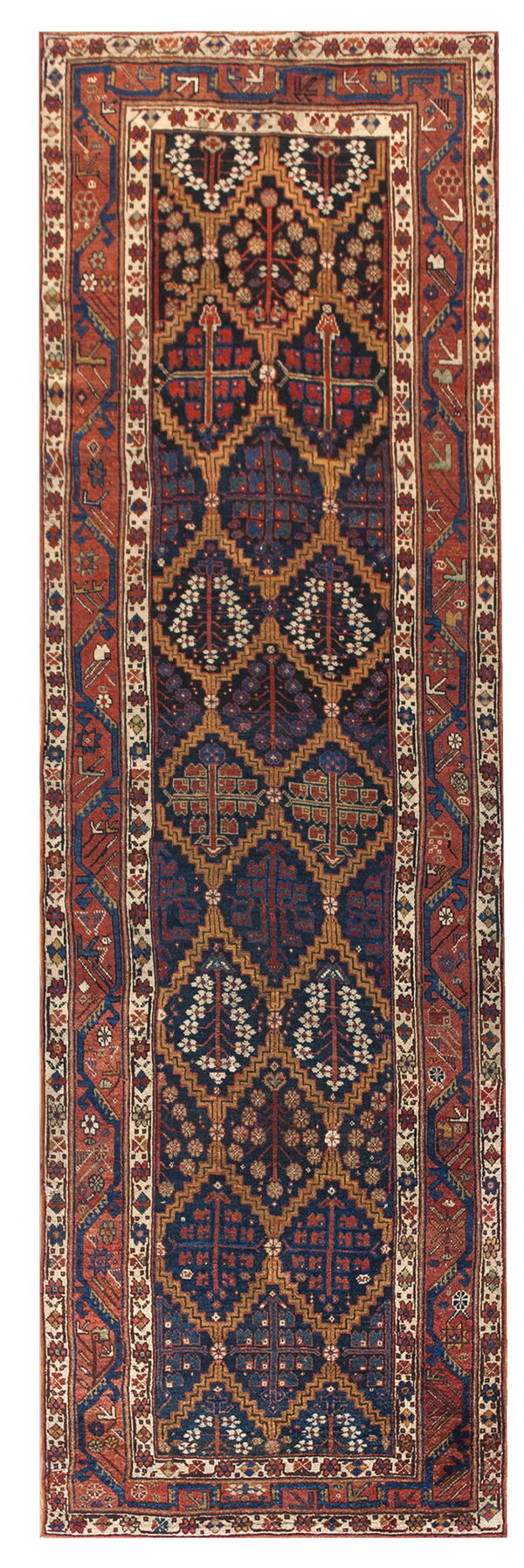 Geometric runner rug featuring stylized trees and diamond shapes in deep blue, rust red, and tan colors.