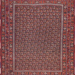 Red and blue traditional rug with a dense all-over pattern and multiple intricate geometric borders.