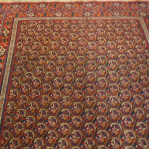 Red, navy, and orange rug with a dense repeating pattern and ornate geometric borders on wood flooring.
