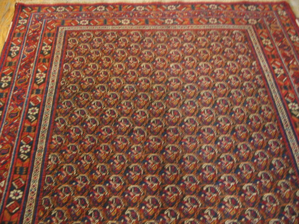 Red, navy, and orange rug with a dense repeating pattern and ornate geometric borders on wood flooring.