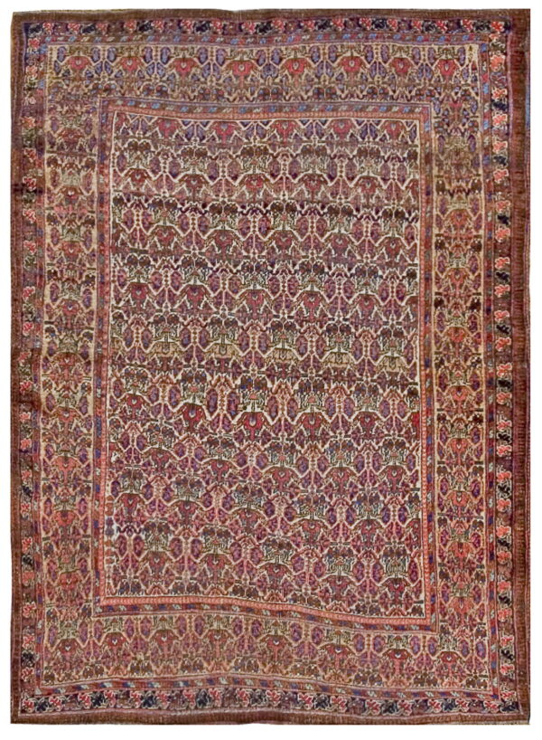 Low-pile rug with dense repeating motifs and multiple detailed borders in maroon, purple, and beige.