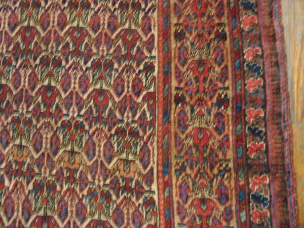 Geometric rug detail featuring repeating red, blue, and cream motifs with a multi-layered border on wooden flooring.