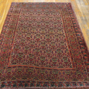 Low-pile rug with intricate red and blue repeating motifs bordered by patterned stripes on wood flooring.