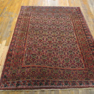 A densely patterned red and blue rug with a geometric design covers light wood floorboards.
