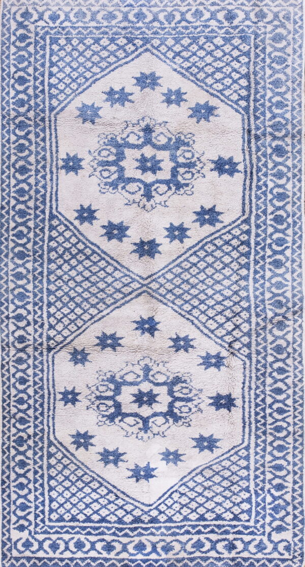 Textured, shaggy runner rug in blue and off-white with geometric borders and star-filled medallions.
