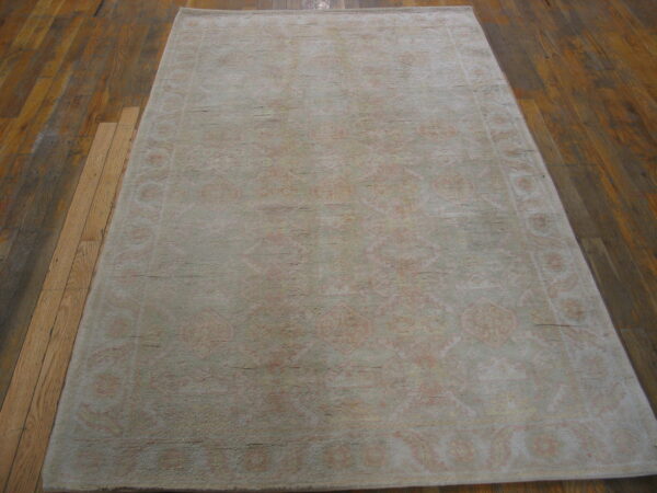 Pale sage and peach distressed rug with traditional motifs sits on dark plank hardwood flooring.
