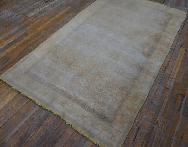 Low-pile beige and tan patterned rug with light fringe on dark, rustic wooden floorboards.