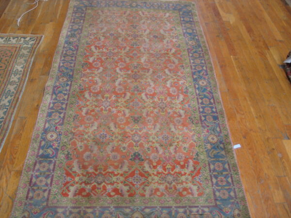 Muted orange rug featuring intricate classical patterns and a wide blue and purple border lies on a wood floor.