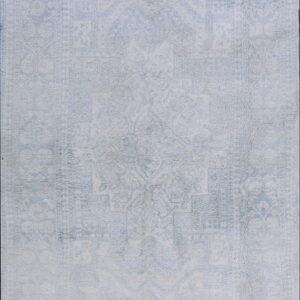Light gray rectangular area rug with a subtly faded traditional medallion pattern.
