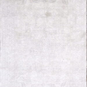 Light ivory rug with a subtly faded traditional border pattern and distressed texture.