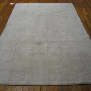 Light taupe low-pile rug with a faint border design displayed on glossy brown wood plank flooring.