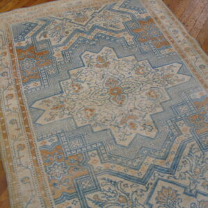 A cream rug with large light blue and rust-colored geometric medallions rests on warm wooden plank flooring.