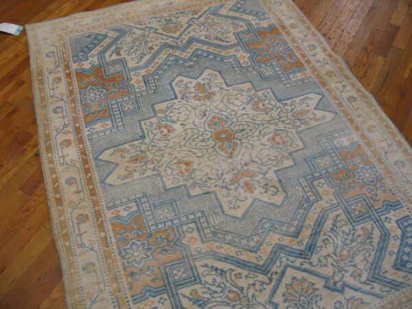 A cream rug with large light blue and rust-colored geometric medallions rests on warm wooden plank flooring.