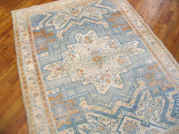 Light blue, beige, and terracotta geometric medallion rug covering a polished hardwood floor.