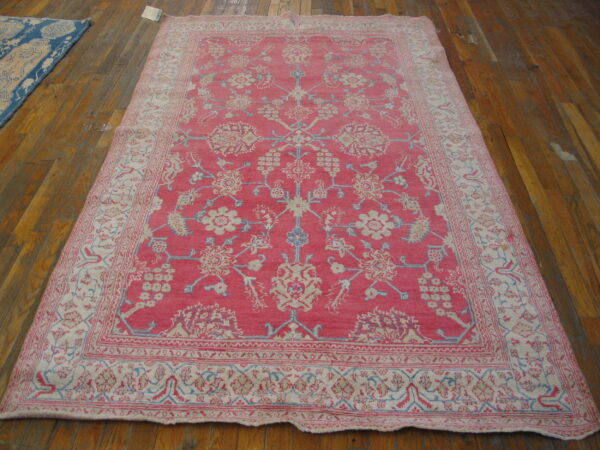 Bright pink rug featuring intricate cream and blue botanical patterns on a distressed wood floor.